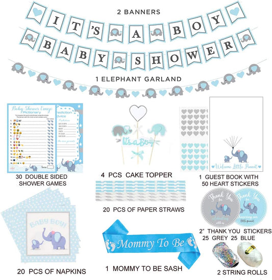 697 Piece Blue Elephant Baby Shower Decorations for Boy Kit - It'S a BOY Pre-Strung Banners, Garland Guestbook Mommy to Be Sash Balloons Cake Toppers Fans Lantern Napkins Straws Games & Favor Stickers