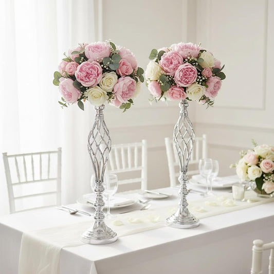 Silver Wedding Vases for Table Centerpieces - 2Pcs of Twist Candleholder Stands, Elegant Floral Arrangement Vases, Metal Centerpieces for Reception Table Wedding Road-Leading Home Decor