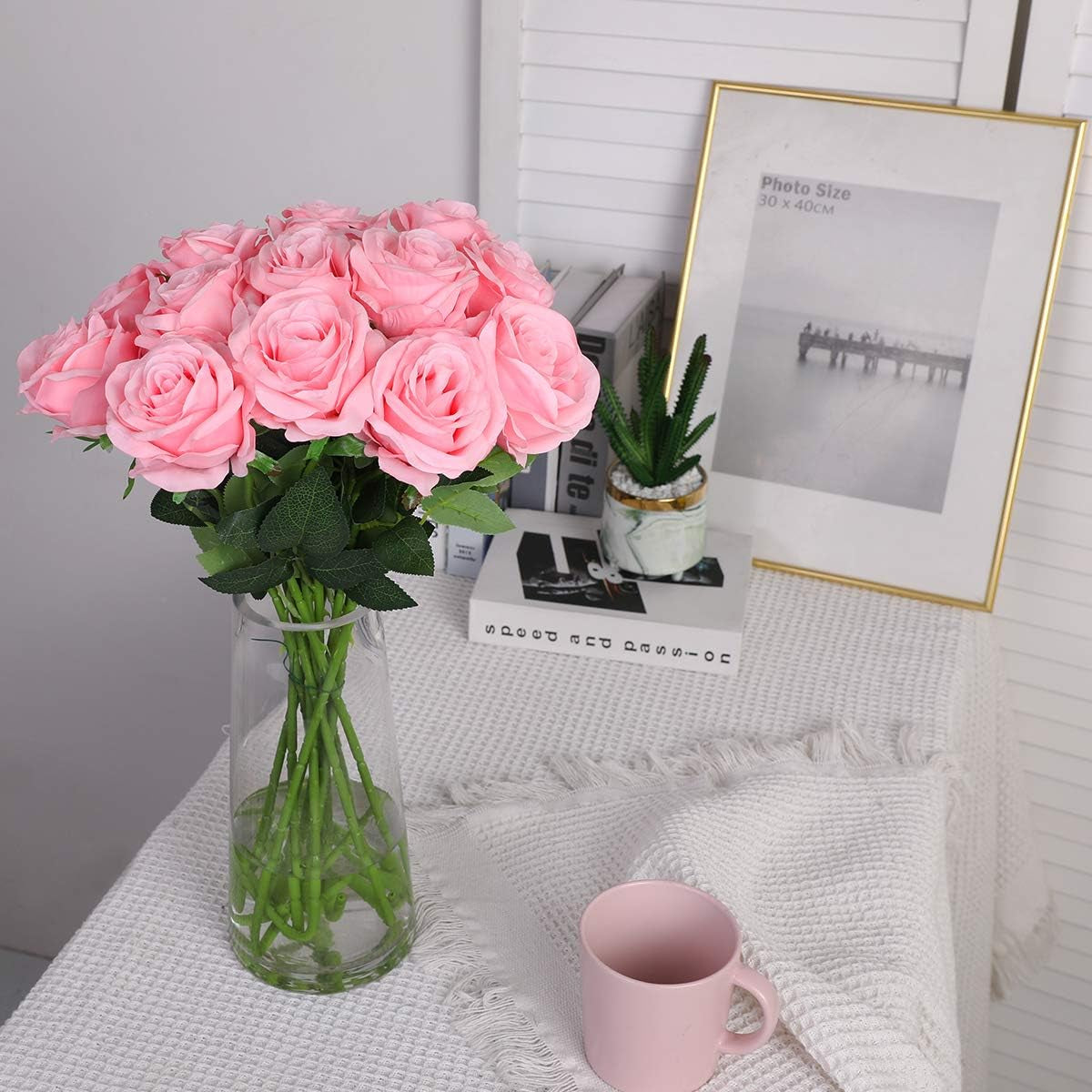 Artificial Silk Rose Flower Bouquet Lifelike Fake Rose for Wedding Home Party Decoration Event Gift 10Pcs (Pink)