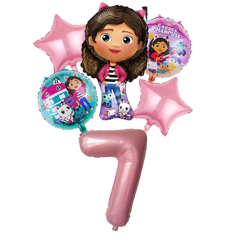 6Pcs Gabby Dollhouse Balloons Set Cartoon Girls Birthday Party Decoration Supplies Baby Shower Helium Globos