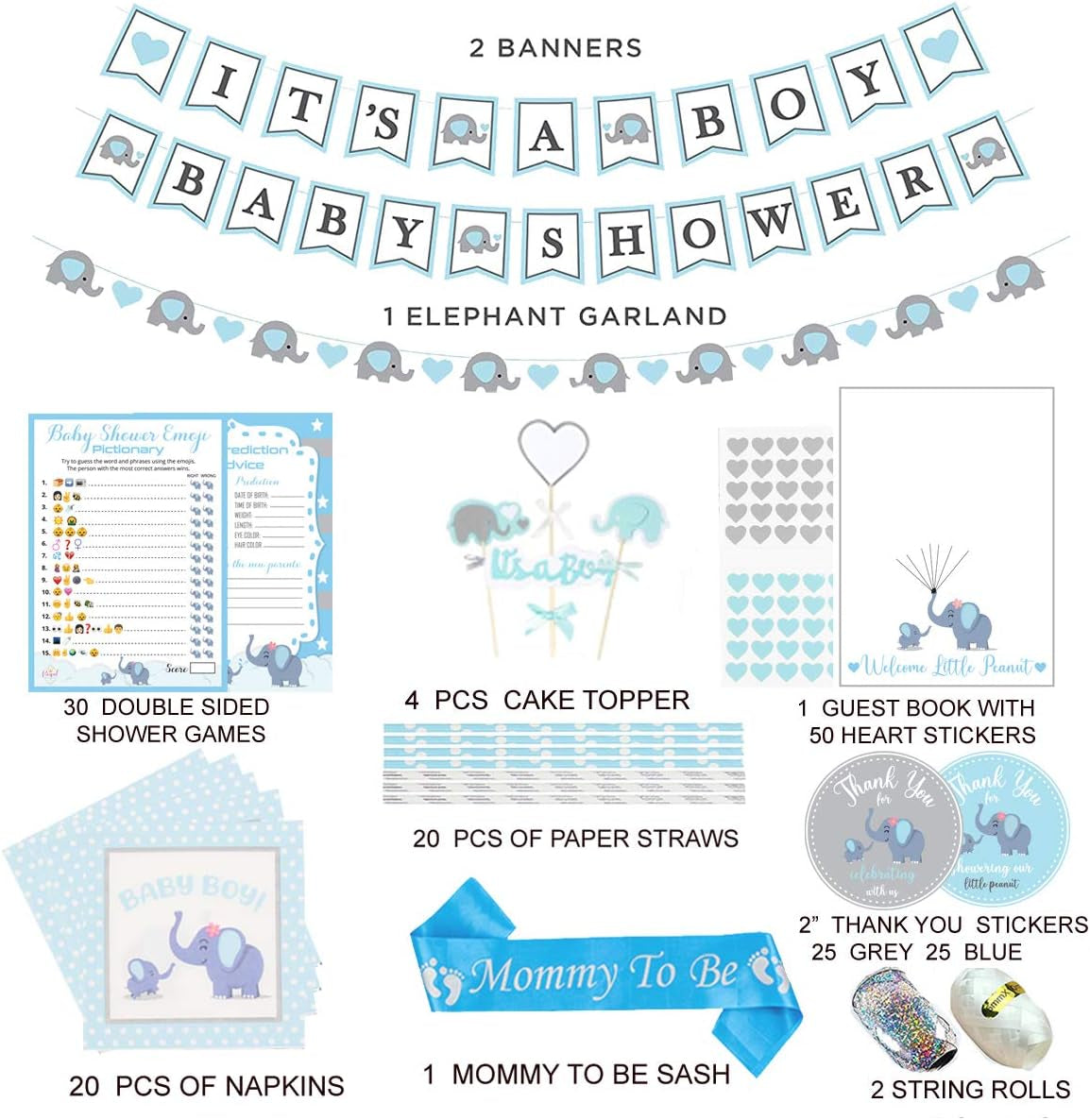 697 Piece Blue Elephant Baby Shower Decorations for Boy Kit - It'S a BOY Pre-Strung Banners, Garland Guestbook Mommy to Be Sash Balloons Cake Toppers Fans Lantern Napkins Straws Games & Favor Stickers