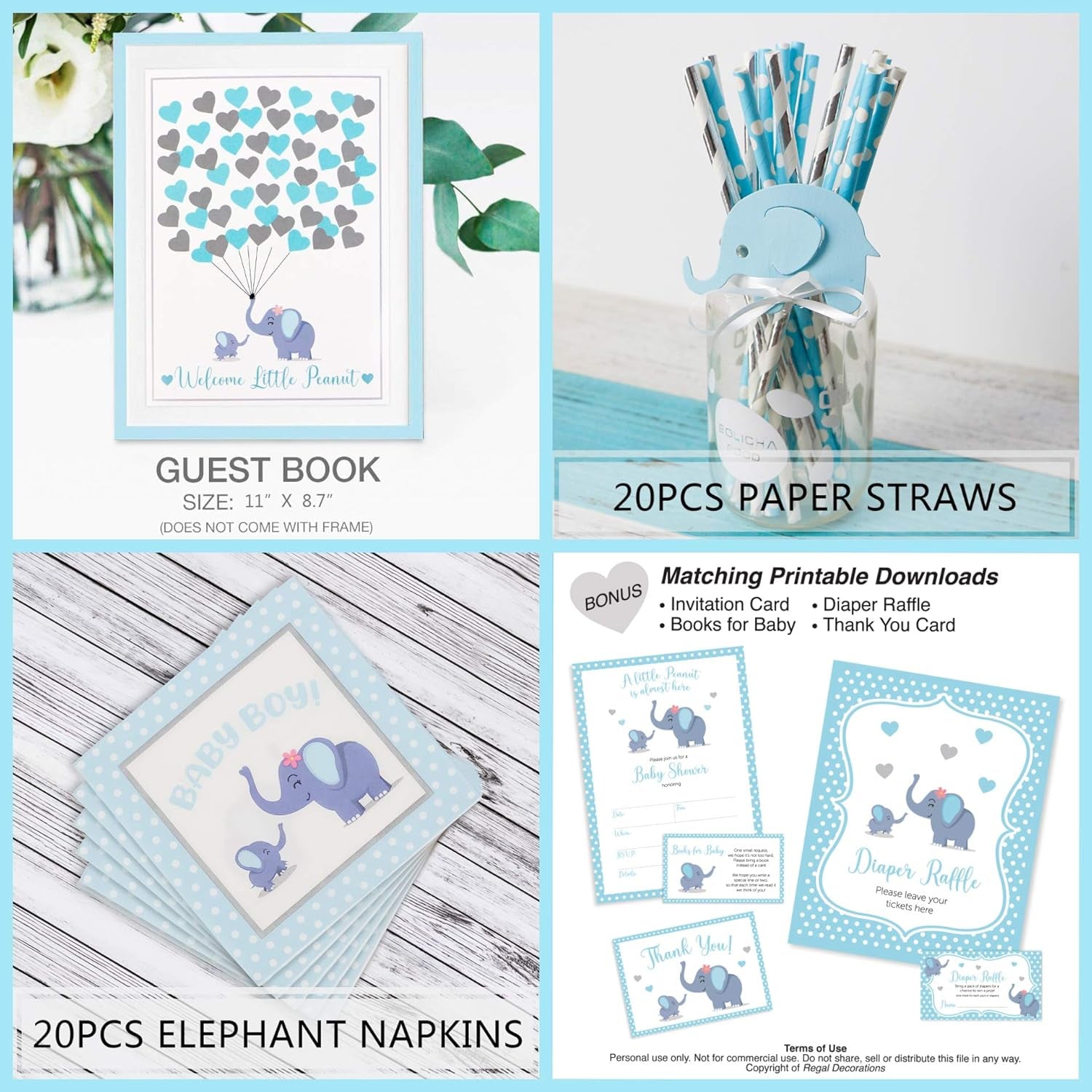 697 Piece Blue Elephant Baby Shower Decorations for Boy Kit - It'S a BOY Pre-Strung Banners, Garland Guestbook Mommy to Be Sash Balloons Cake Toppers Fans Lantern Napkins Straws Games & Favor Stickers
