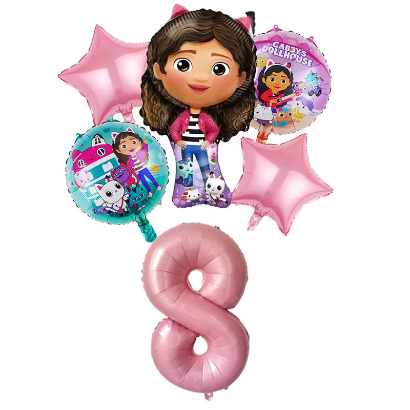 6Pcs Gabby Dollhouse Balloons Set Cartoon Girls Birthday Party Decoration Supplies Baby Shower Helium Globos