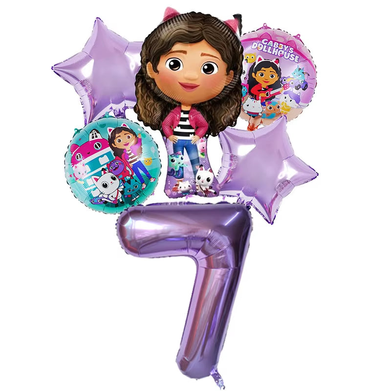 6Pcs Gabby Dollhouse Balloons Set Cartoon Girls Birthday Party Decoration Supplies Baby Shower Helium Globos