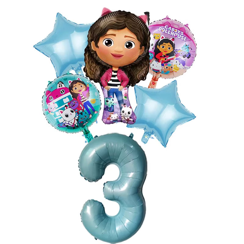 6Pcs Gabby Dollhouse Balloons Set Cartoon Girls Birthday Party Decoration Supplies Baby Shower Helium Globos