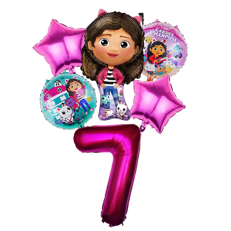 6Pcs Gabby Dollhouse Balloons Set Cartoon Girls Birthday Party Decoration Supplies Baby Shower Helium Globos