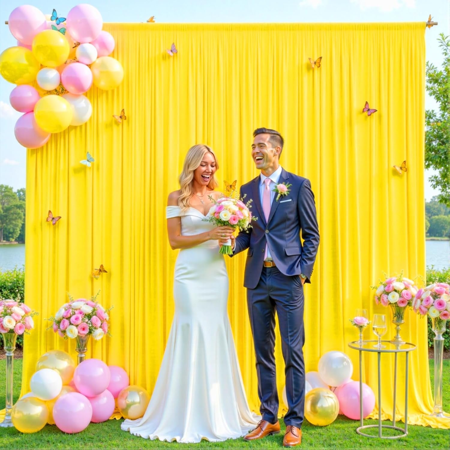 10Ft X 7Ft Yellow Backdrop Curtain for Parties Yellow Wrinkle Free Backdrop Drapes Panels for Birthday Party Baby Shower Wedding Photo Photography Polyester Fabric Background Decoration