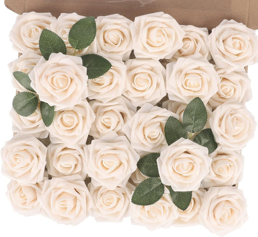 Artificial Flower Roses 30PCS Real Touch Fake Flowers with Stem Foam Roses for DIY Wedding Bouquet Table Centerpieces Bridal Shower Party Home Spring Valentines Day Decorations (Cream)
