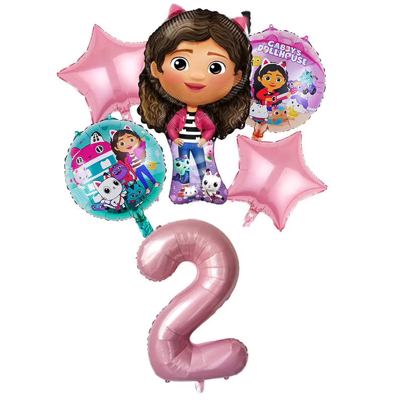 6Pcs Gabby Dollhouse Balloons Set Cartoon Girls Birthday Party Decoration Supplies Baby Shower Helium Globos