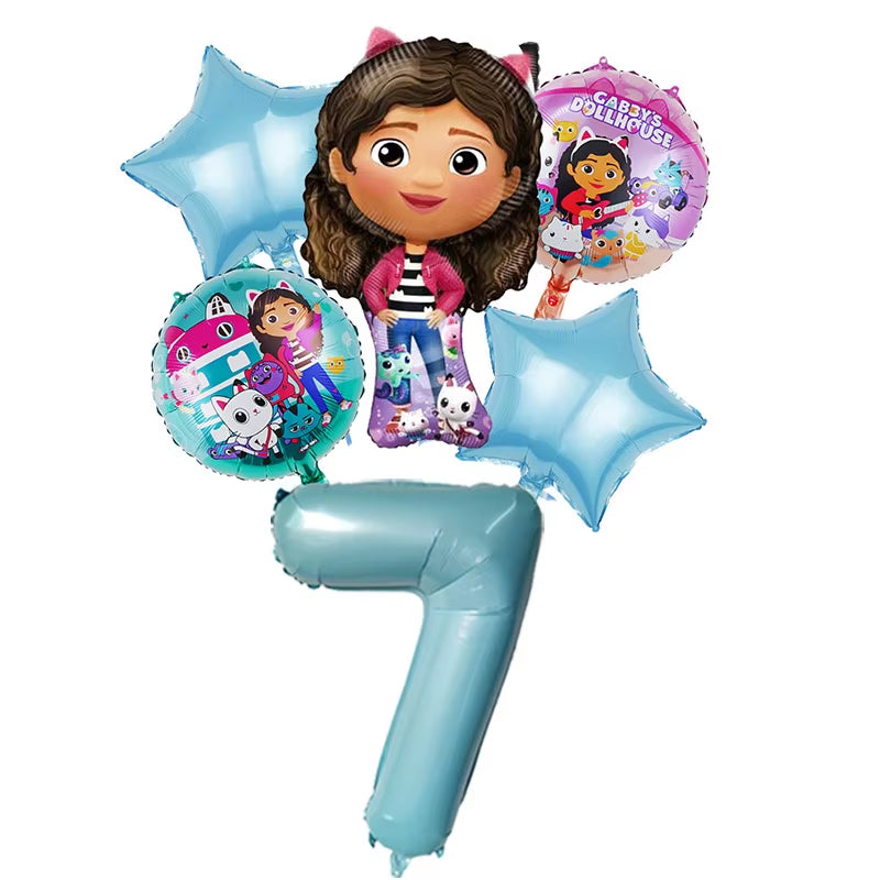 6Pcs Gabby Dollhouse Balloons Set Cartoon Girls Birthday Party Decoration Supplies Baby Shower Helium Globos
