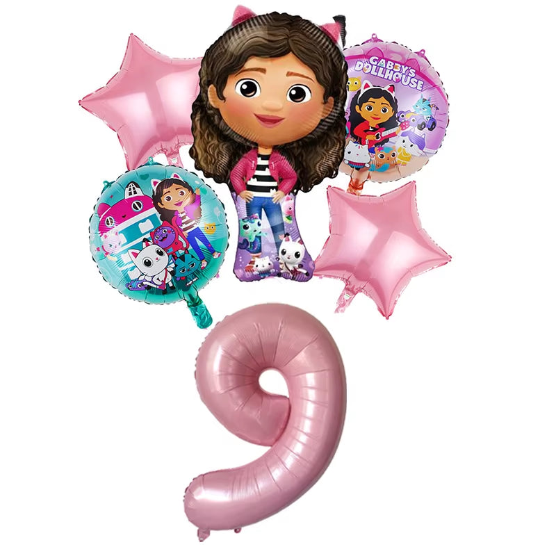 6Pcs Gabby Dollhouse Balloons Set Cartoon Girls Birthday Party Decoration Supplies Baby Shower Helium Globos