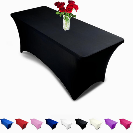 Premium 8Ft Tablecloth Rectangular Spandex Linen - Black Table Cloth Fitted Cover for 8 Foot Folding Table, Wedding Linens Banquet Cloths Rectangle Covers