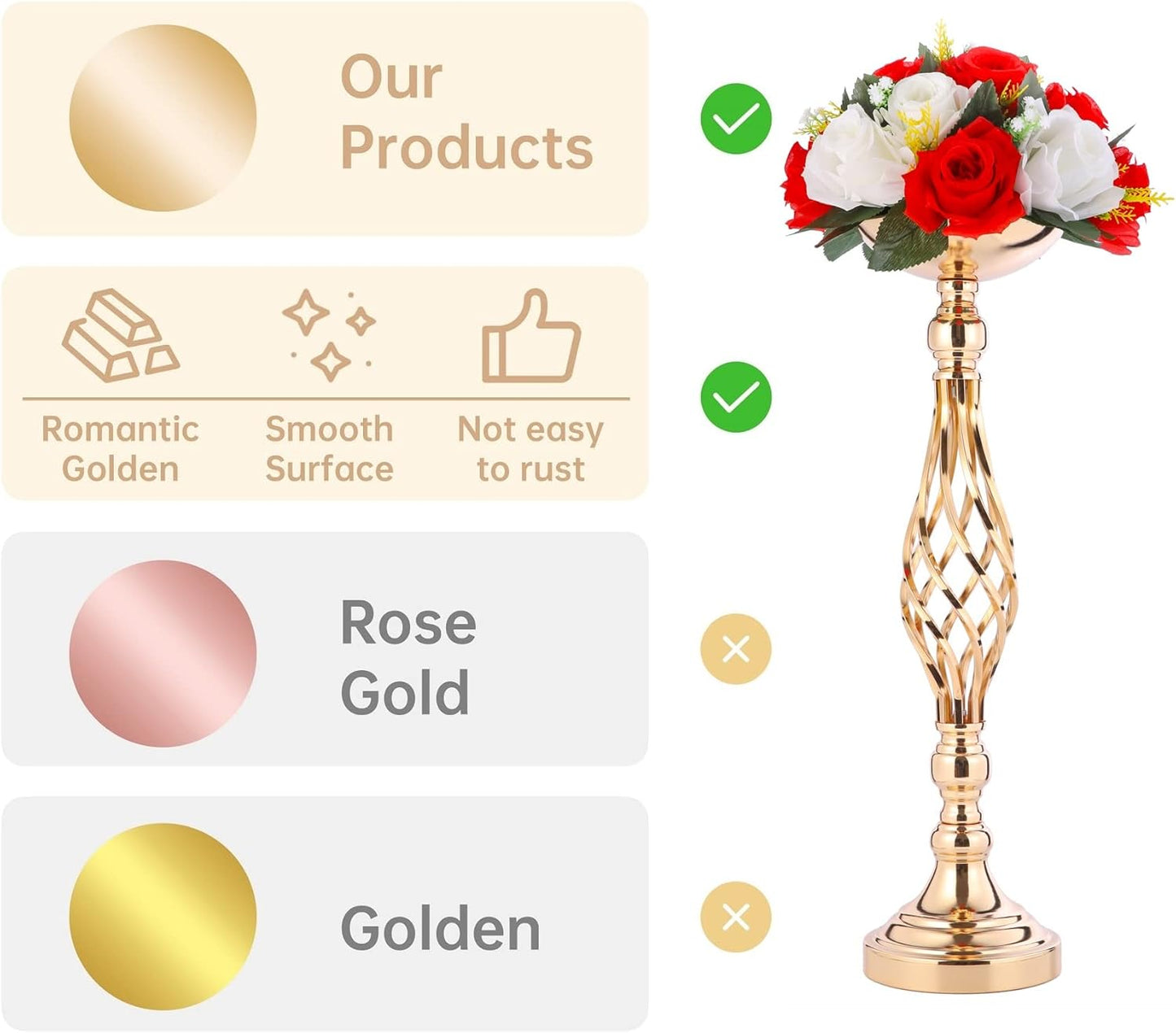 Gold Wedding Vases for Table Centerpieces - 2Pcs of Twist Candleholder Stands, Elegant Floral Arrangement Vases, Metal Centerpieces for Reception Table Wedding Road-Leading Home Decor