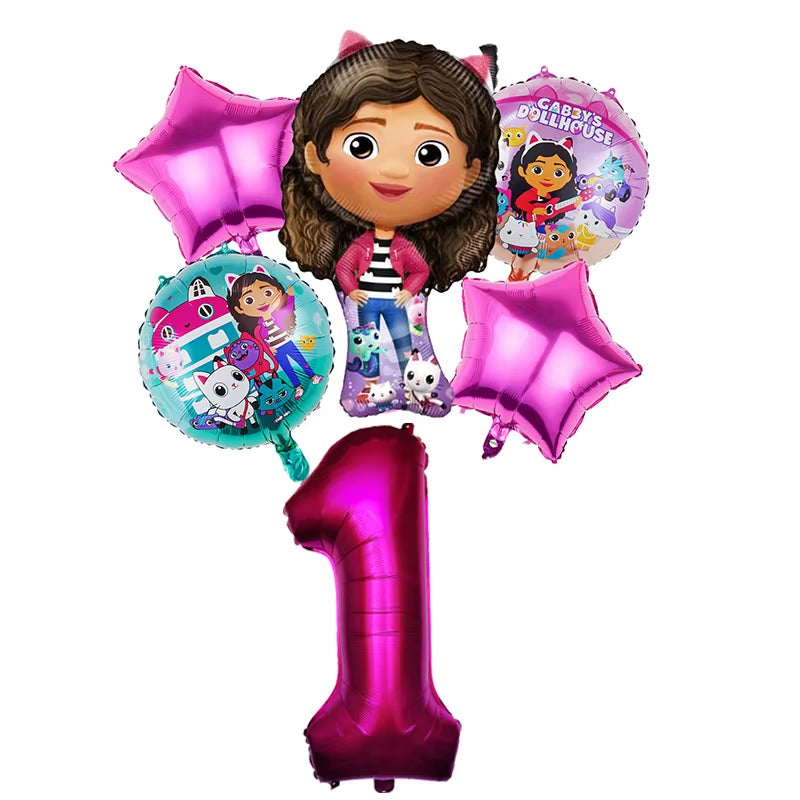 6Pcs Gabby Dollhouse Balloons Set Cartoon Girls Birthday Party Decoration Supplies Baby Shower Helium Globos