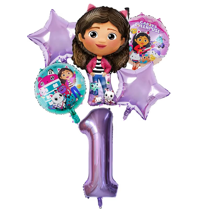6Pcs Gabby Dollhouse Balloons Set Cartoon Girls Birthday Party Decoration Supplies Baby Shower Helium Globos