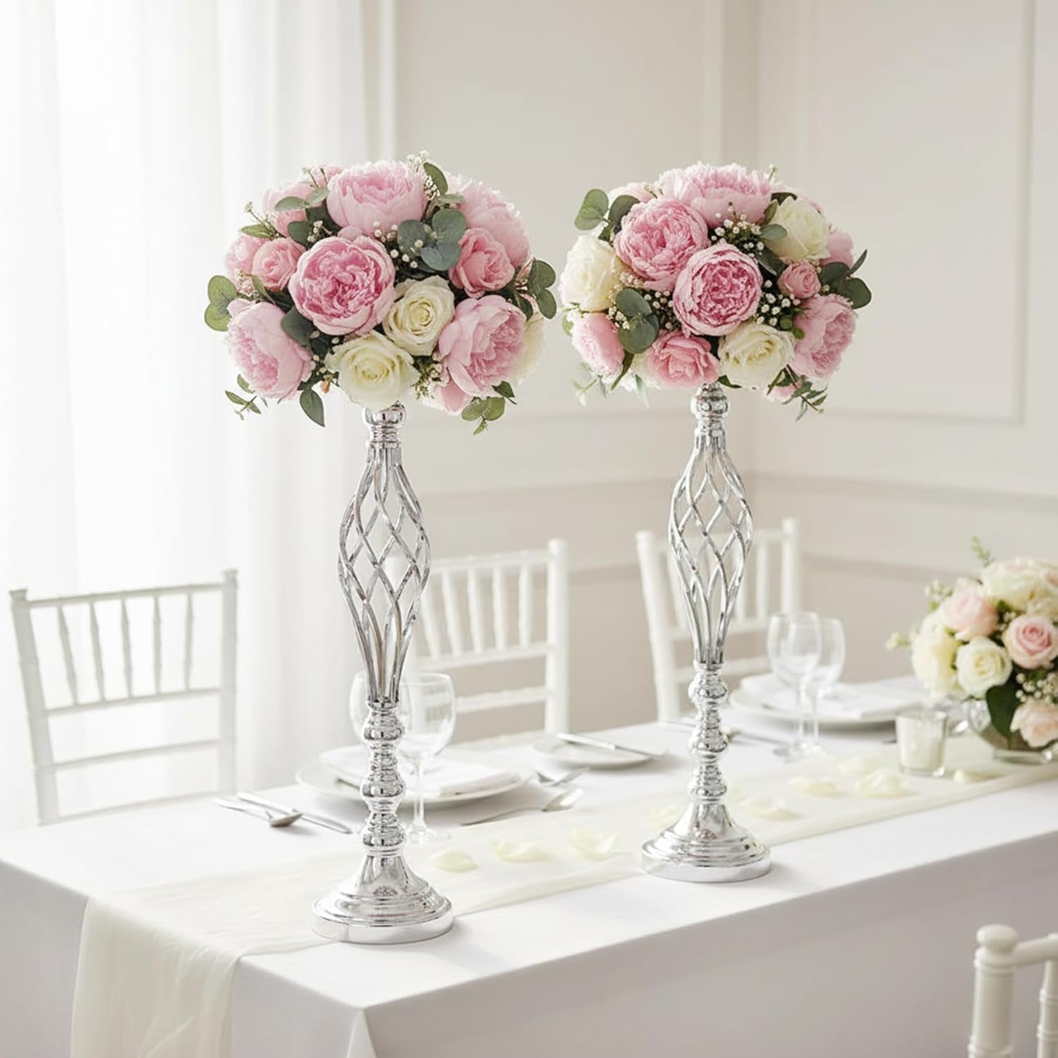 Silver Wedding Vases for Table Centerpieces - 2Pcs of Twist Candleholder Stands, Elegant Floral Arrangement Vases, Metal Centerpieces for Reception Table Wedding Road-Leading Home Decor