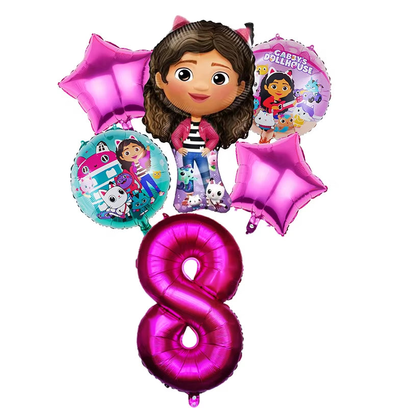 6Pcs Gabby Dollhouse Balloons Set Cartoon Girls Birthday Party Decoration Supplies Baby Shower Helium Globos