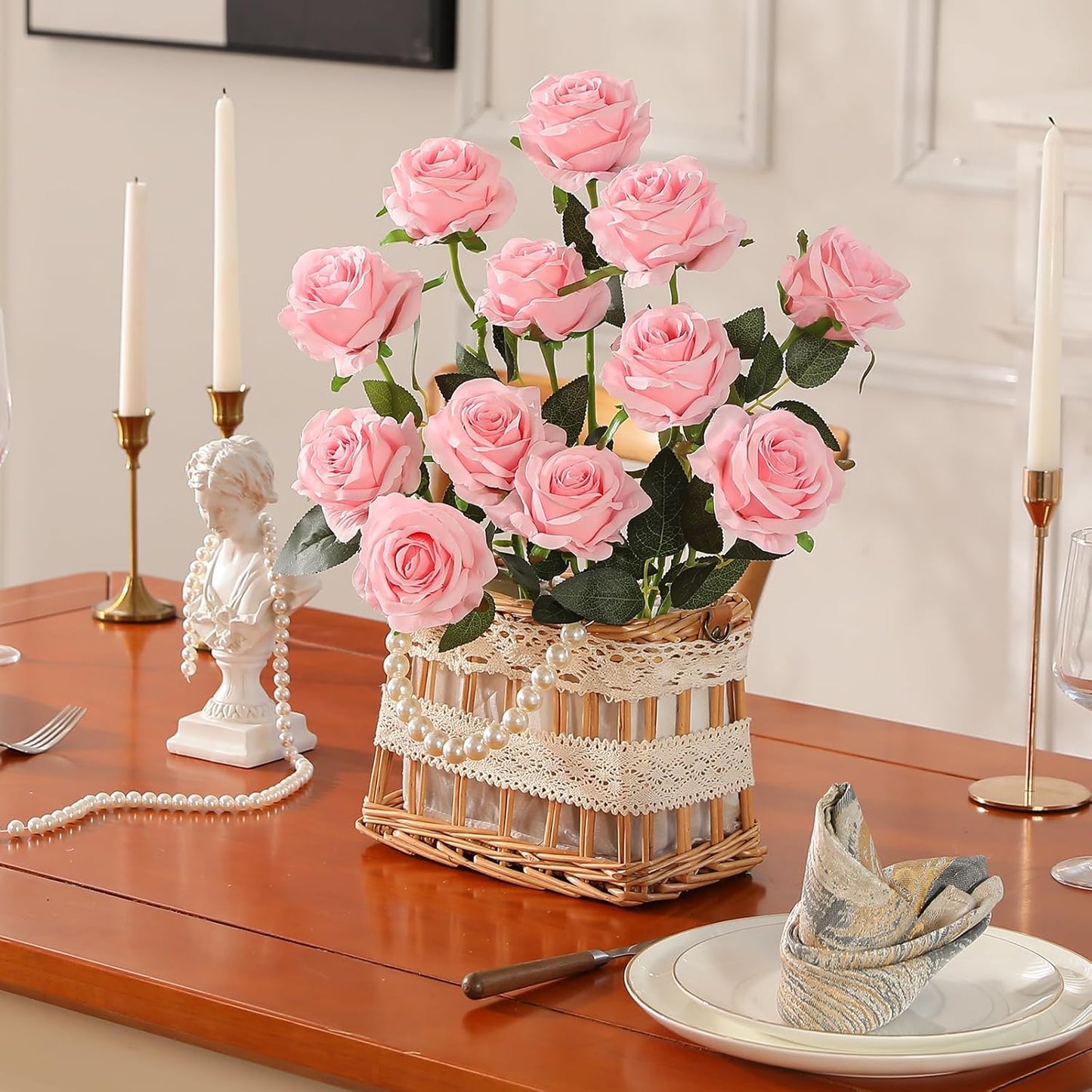 Artificial Silk Rose Flower Bouquet Lifelike Fake Rose for Wedding Home Party Decoration Event Gift 10Pcs (Pink)