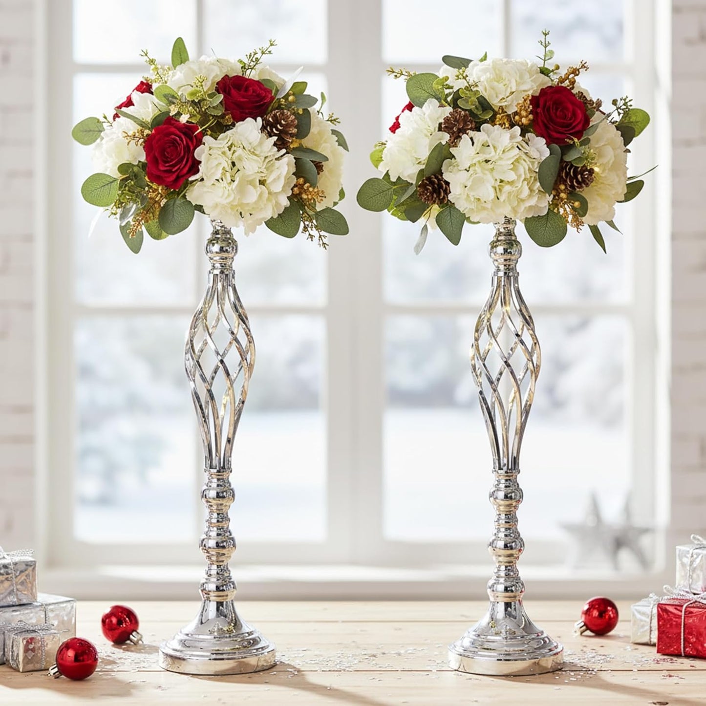Silver Wedding Vases for Table Centerpieces - 2Pcs of Twist Candleholder Stands, Elegant Floral Arrangement Vases, Metal Centerpieces for Reception Table Wedding Road-Leading Home Decor