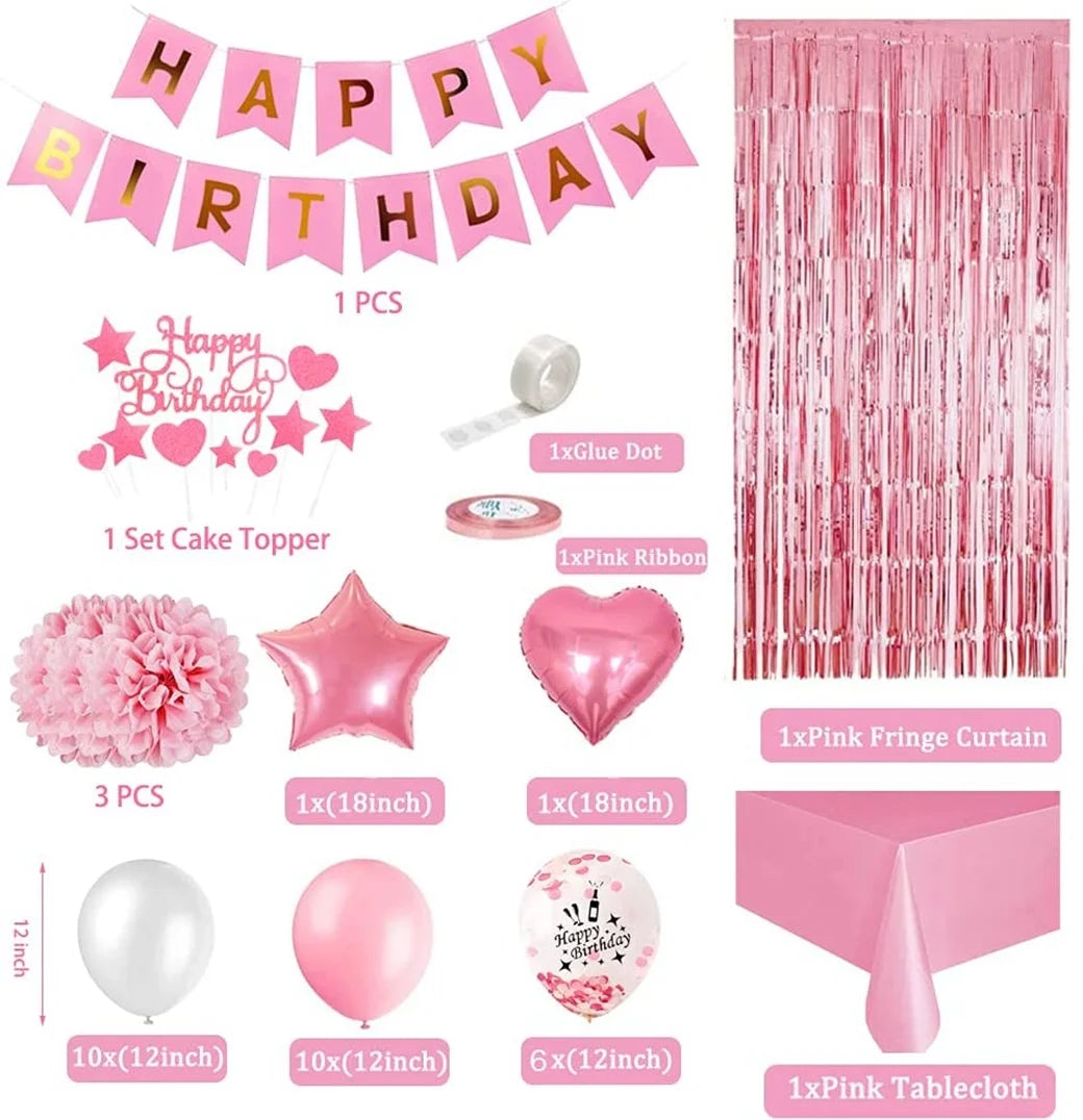 Birthday Party Decorations Celebration Kit, 9.84 X 9.05 X 1.18 In, Latex Pink/White, 39 PCS