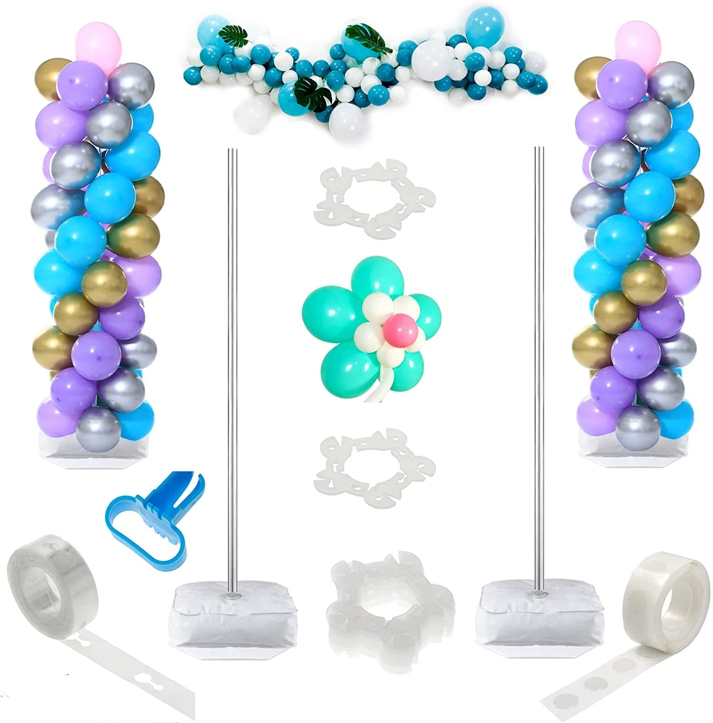Easy Set up Balloon Column Stand Party Decoration Kits, Plastic Metal White, 2 Piece