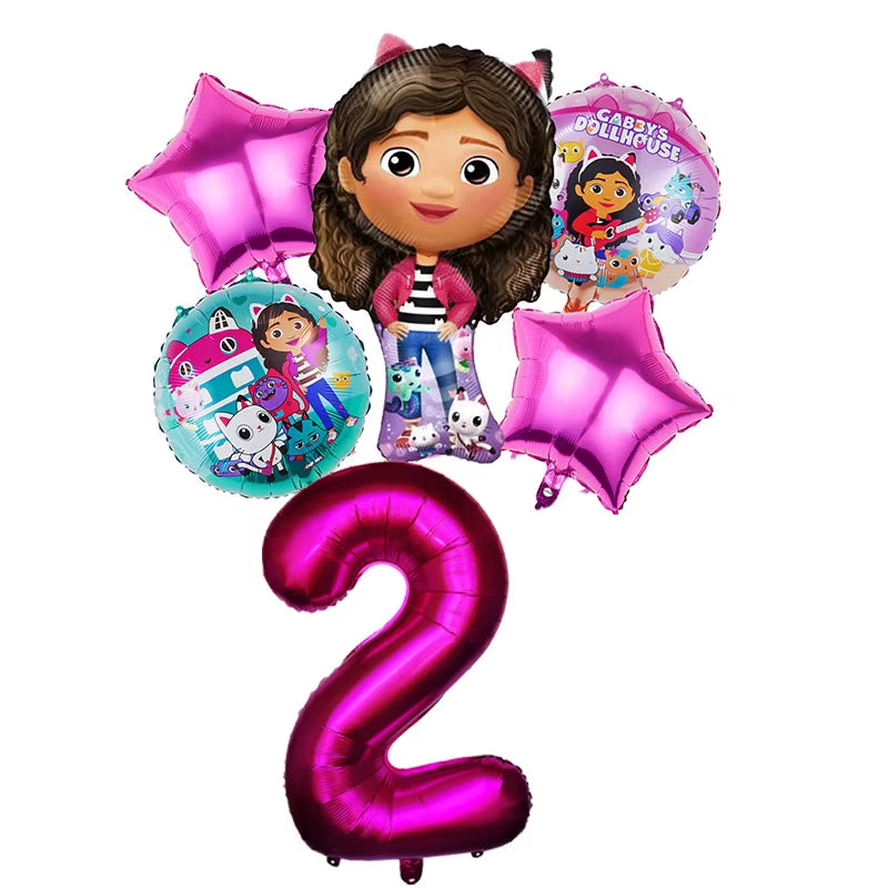 6Pcs Gabby Dollhouse Balloons Set Cartoon Girls Birthday Party Decoration Supplies Baby Shower Helium Globos