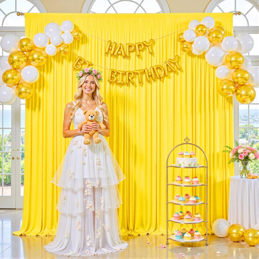 10Ft X 7Ft Yellow Backdrop Curtain for Parties Yellow Wrinkle Free Backdrop Drapes Panels for Birthday Party Baby Shower Wedding Photo Photography Polyester Fabric Background Decoration