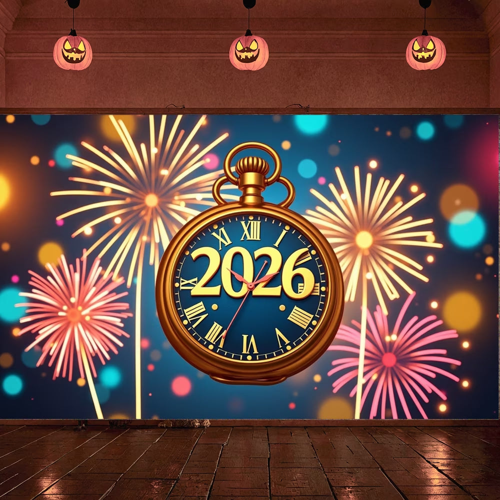 Night Cityscape Happy New Year Banner Glittering Fireworks Celebration Banner Festive Design for Party Decoration Holiday Event Celebration