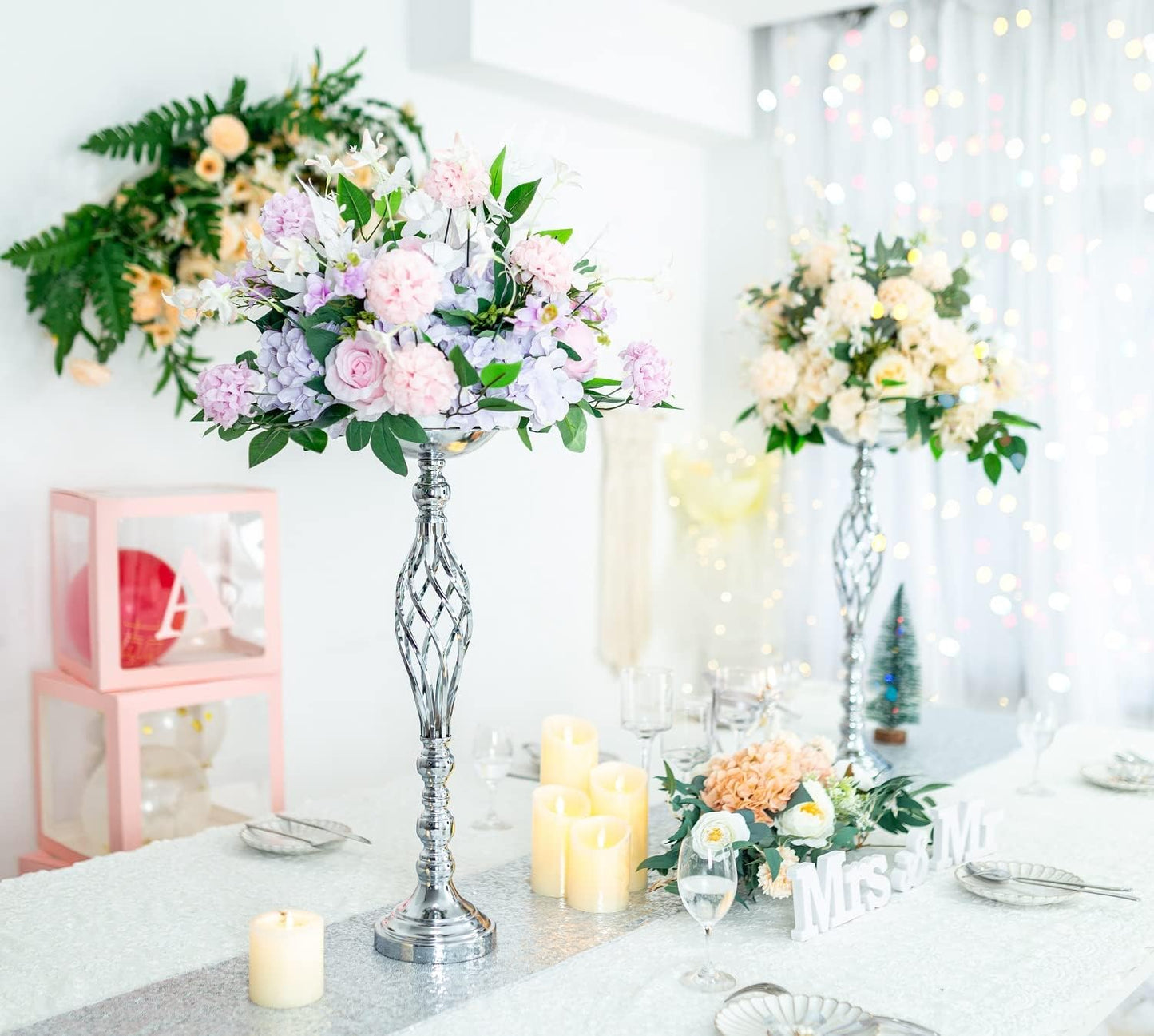 Silver Wedding Vases for Table Centerpieces - 2Pcs of Twist Candleholder Stands, Elegant Floral Arrangement Vases, Metal Centerpieces for Reception Table Wedding Road-Leading Home Decor