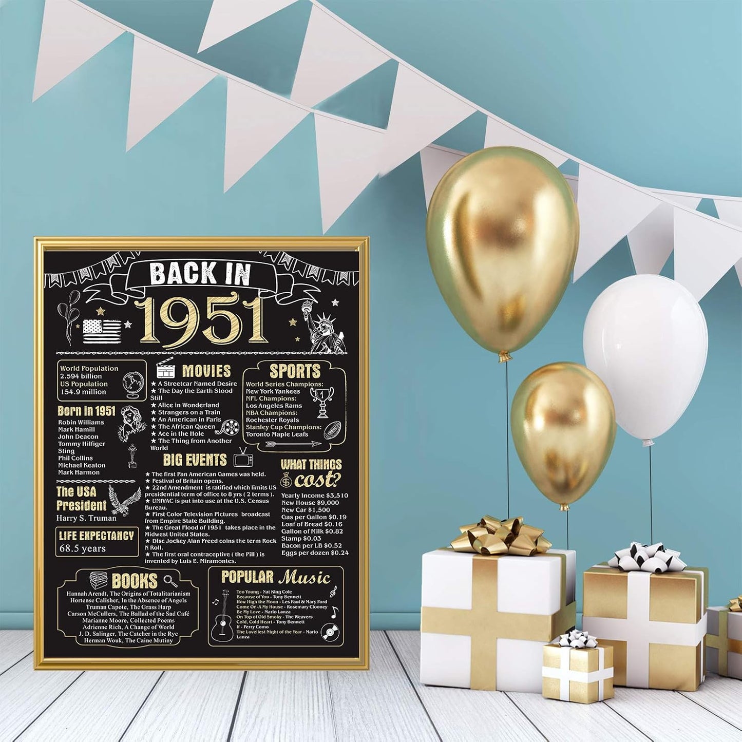 71Th Birthday Decorations for Men Women 71Th Birthday Gift for Him Back in 1951 Poster Decor Black and Gold 11 X 14 Inch 71 Years Ago Decor(Back in 1951)