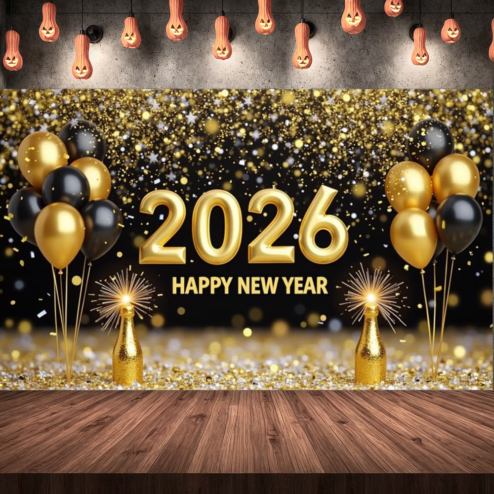 Night Cityscape Happy New Year Banner Glittering Fireworks Celebration Banner Festive Design for Party Decoration Holiday Event Celebration