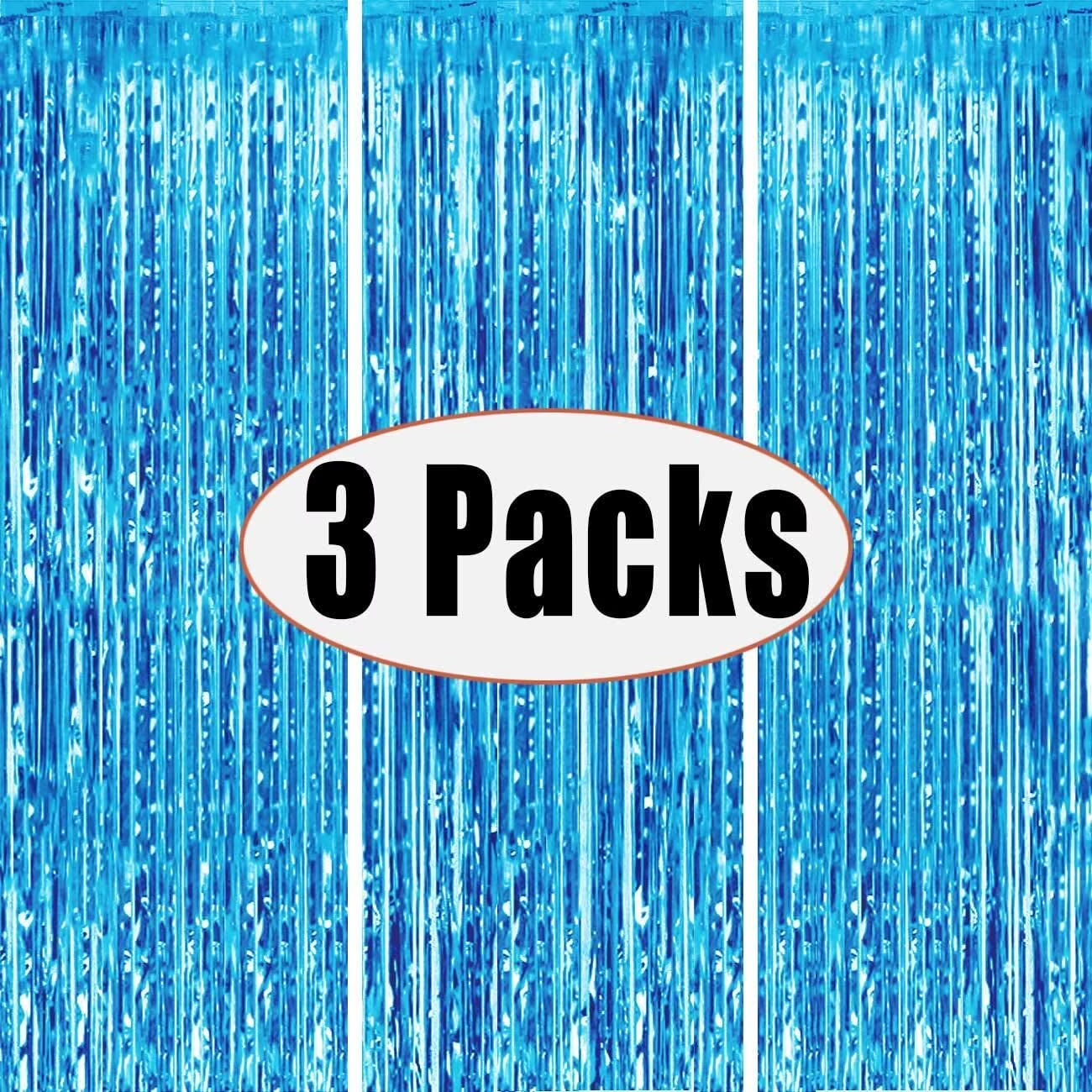Foil Fringe Curtain, 3PCS 3.28FT X 6.56FT Metallic Tinsel Door Curtains Photo Booth Backdrop for Wedding Birthday Bridal Shower Baby Shower Bachelorette Christmas Party Decorations (Lake Blue)