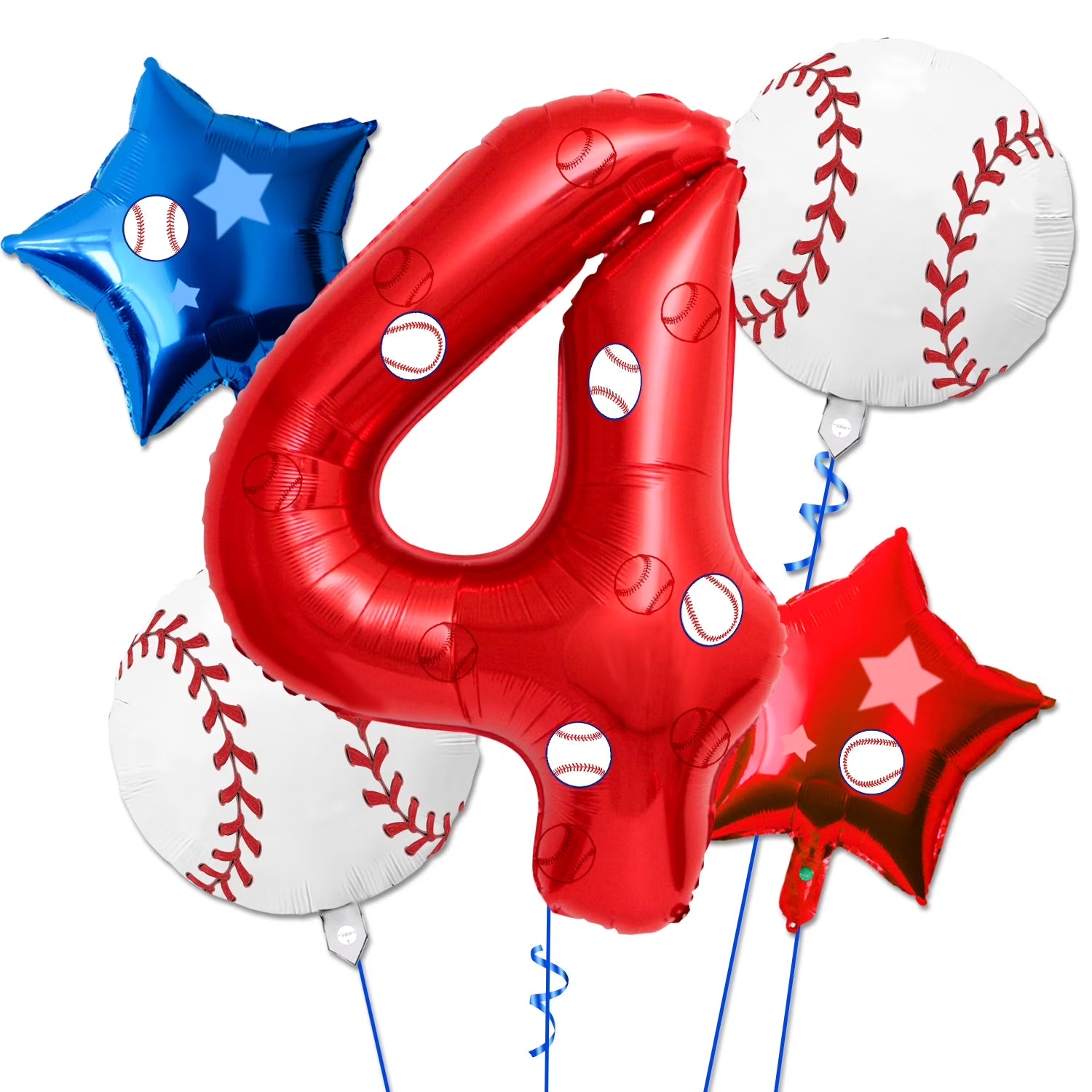 5 Pcs Baseball Balloons Set - Includes Baseball Foil Balloons, Number4 Balloon, Blue Red Star Balloons, Baseball Stickers for Baseball Party Supplies