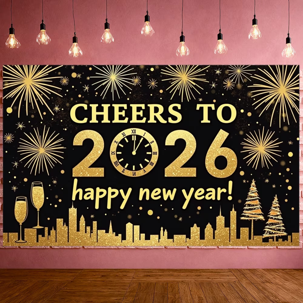 Night Cityscape Happy New Year Banner Glittering Fireworks Celebration Banner Festive Design for Party Decoration Holiday Event Celebration