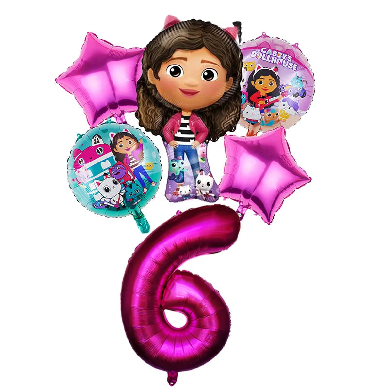 6Pcs Gabby Dollhouse Balloons Set Cartoon Girls Birthday Party Decoration Supplies Baby Shower Helium Globos