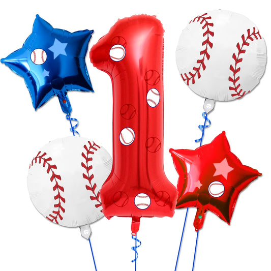 5 Pcs Baseball Balloons Set - Includes Baseball Foil Balloons, Number4 Balloon, Blue Red Star Balloons, Baseball Stickers for Baseball Party Supplies