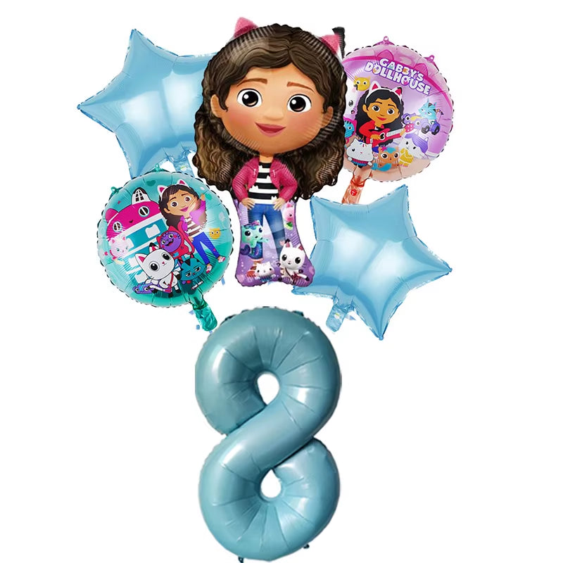 6Pcs Gabby Dollhouse Balloons Set Cartoon Girls Birthday Party Decoration Supplies Baby Shower Helium Globos