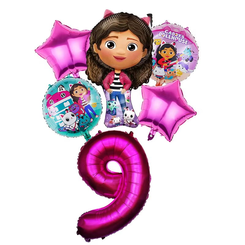 6Pcs Gabby Dollhouse Balloons Set Cartoon Girls Birthday Party Decoration Supplies Baby Shower Helium Globos