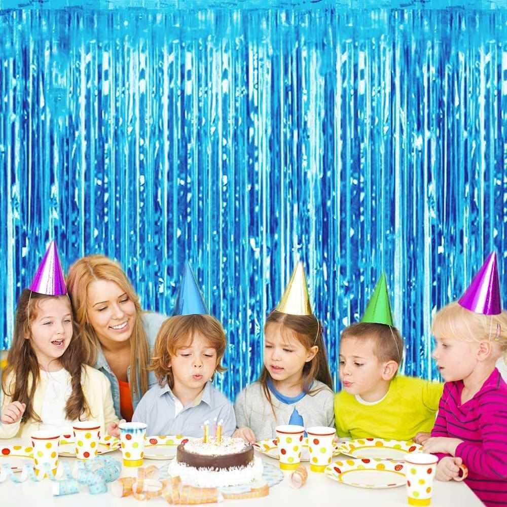 Foil Fringe Curtain, 3PCS 3.28FT X 6.56FT Metallic Tinsel Door Curtains Photo Booth Backdrop for Wedding Birthday Bridal Shower Baby Shower Bachelorette Christmas Party Decorations (Lake Blue)
