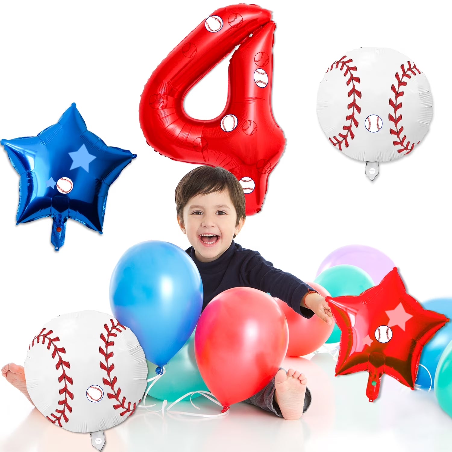 5 Pcs Baseball Balloons Set - Includes Baseball Foil Balloons, Number4 Balloon, Blue Red Star Balloons, Baseball Stickers for Baseball Party Supplies