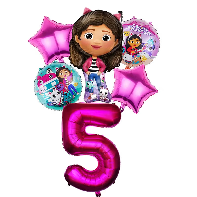 6Pcs Gabby Dollhouse Balloons Set Cartoon Girls Birthday Party Decoration Supplies Baby Shower Helium Globos