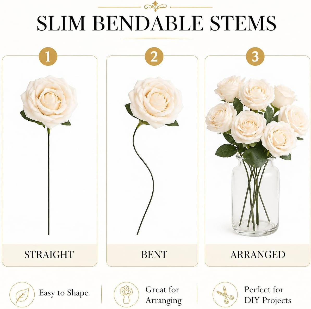 Artificial Flower Roses 30PCS Real Touch Fake Flowers with Stem Foam Roses for DIY Wedding Bouquet Table Centerpieces Bridal Shower Party Home Spring Valentines Day Decorations (Cream)