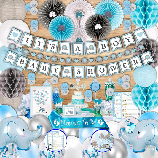 697 Piece Blue Elephant Baby Shower Decorations for Boy Kit - It'S a BOY Pre-Strung Banners, Garland Guestbook Mommy to Be Sash Balloons Cake Toppers Fans Lantern Napkins Straws Games & Favor Stickers