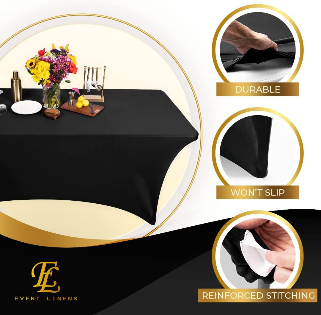 Premium 8Ft Tablecloth Rectangular Spandex Linen - Black Table Cloth Fitted Cover for 8 Foot Folding Table, Wedding Linens Banquet Cloths Rectangle Covers
