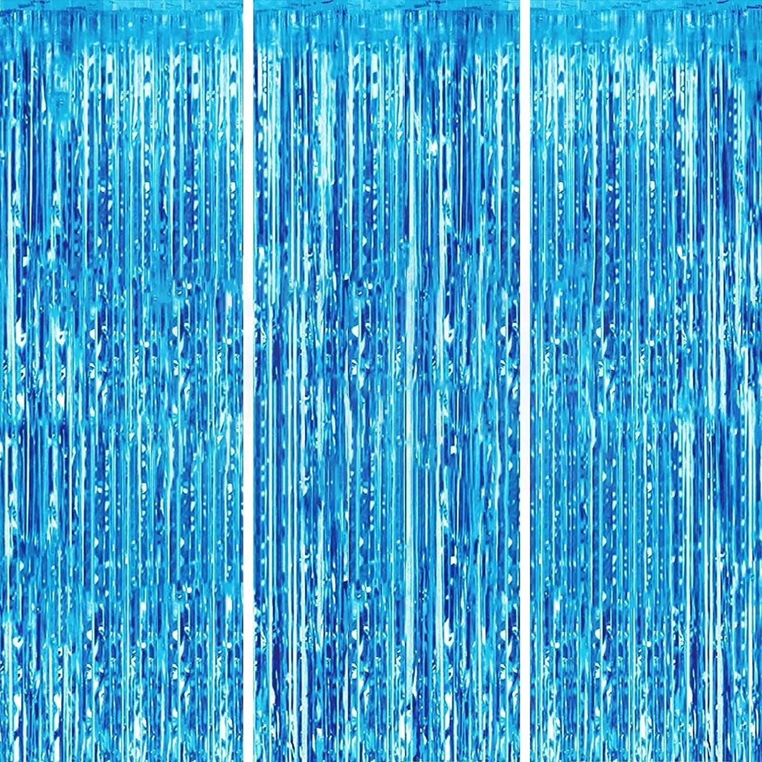 Foil Fringe Curtain, 3PCS 3.28FT X 6.56FT Metallic Tinsel Door Curtains Photo Booth Backdrop for Wedding Birthday Bridal Shower Baby Shower Bachelorette Christmas Party Decorations (Lake Blue)