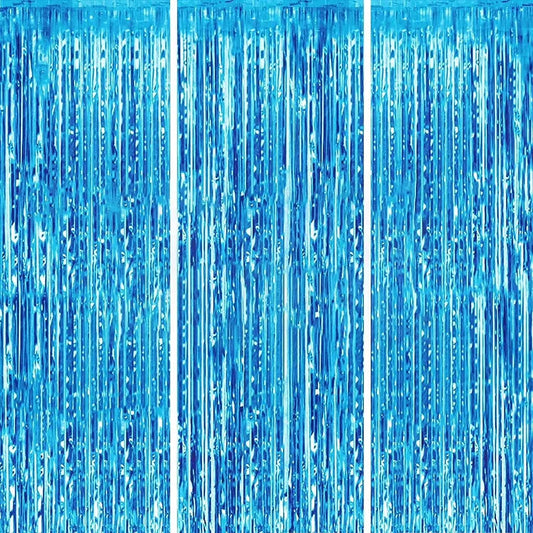 Foil Fringe Curtain, 3PCS 3.28FT X 6.56FT Metallic Tinsel Door Curtains Photo Booth Backdrop for Wedding Birthday Bridal Shower Baby Shower Bachelorette Christmas Party Decorations (Lake Blue)
