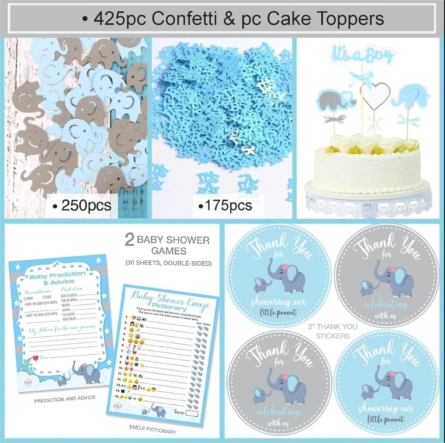 697 Piece Blue Elephant Baby Shower Decorations for Boy Kit - It'S a BOY Pre-Strung Banners, Garland Guestbook Mommy to Be Sash Balloons Cake Toppers Fans Lantern Napkins Straws Games & Favor Stickers