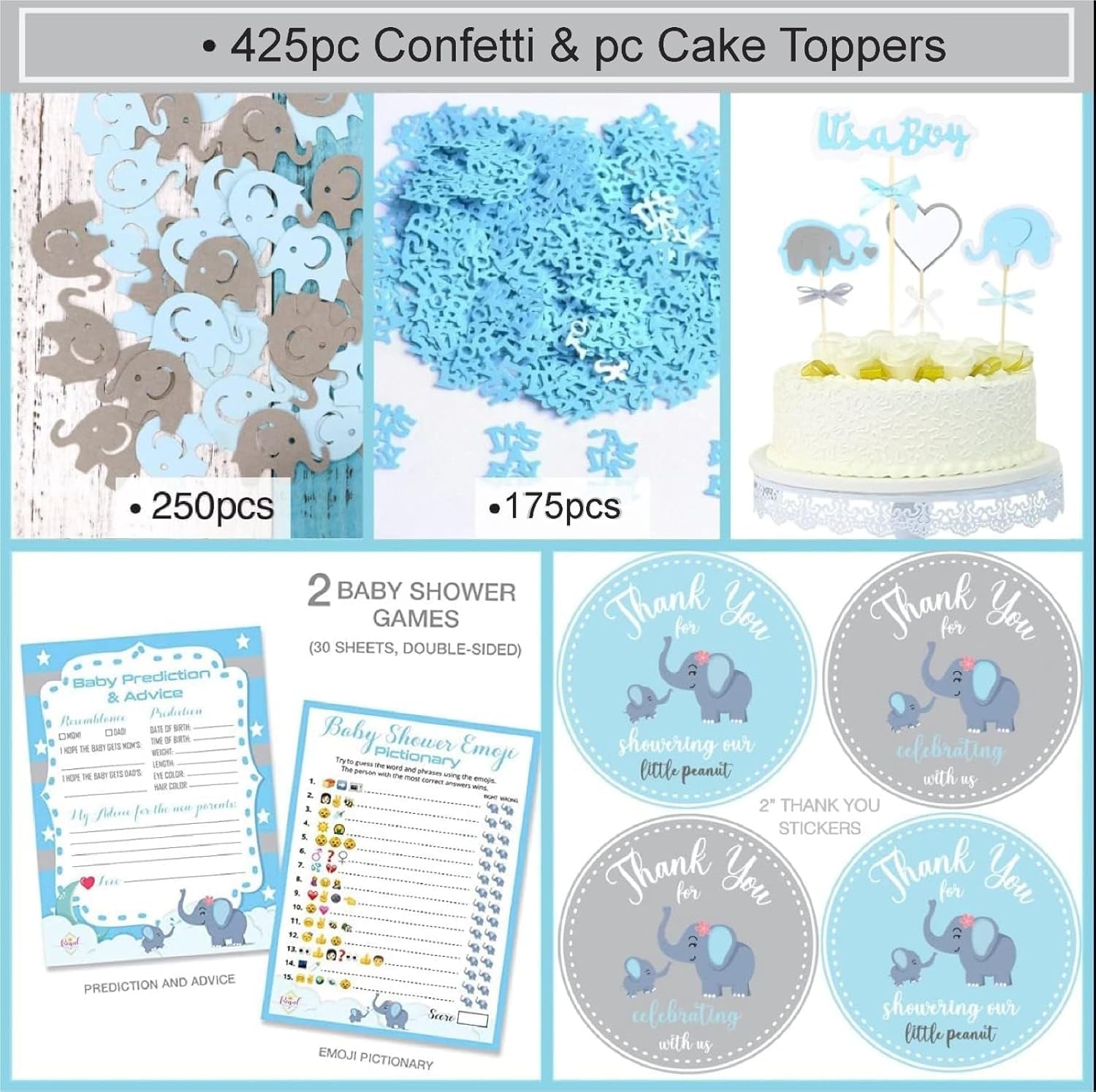 697 Piece Blue Elephant Baby Shower Decorations for Boy Kit - It'S a BOY Pre-Strung Banners, Garland Guestbook Mommy to Be Sash Balloons Cake Toppers Fans Lantern Napkins Straws Games & Favor Stickers