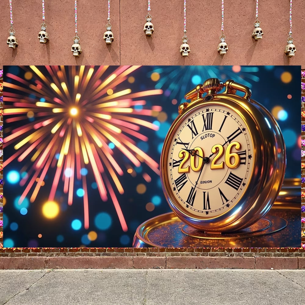 Night Cityscape Happy New Year Banner Glittering Fireworks Celebration Banner Festive Design for Party Decoration Holiday Event Celebration