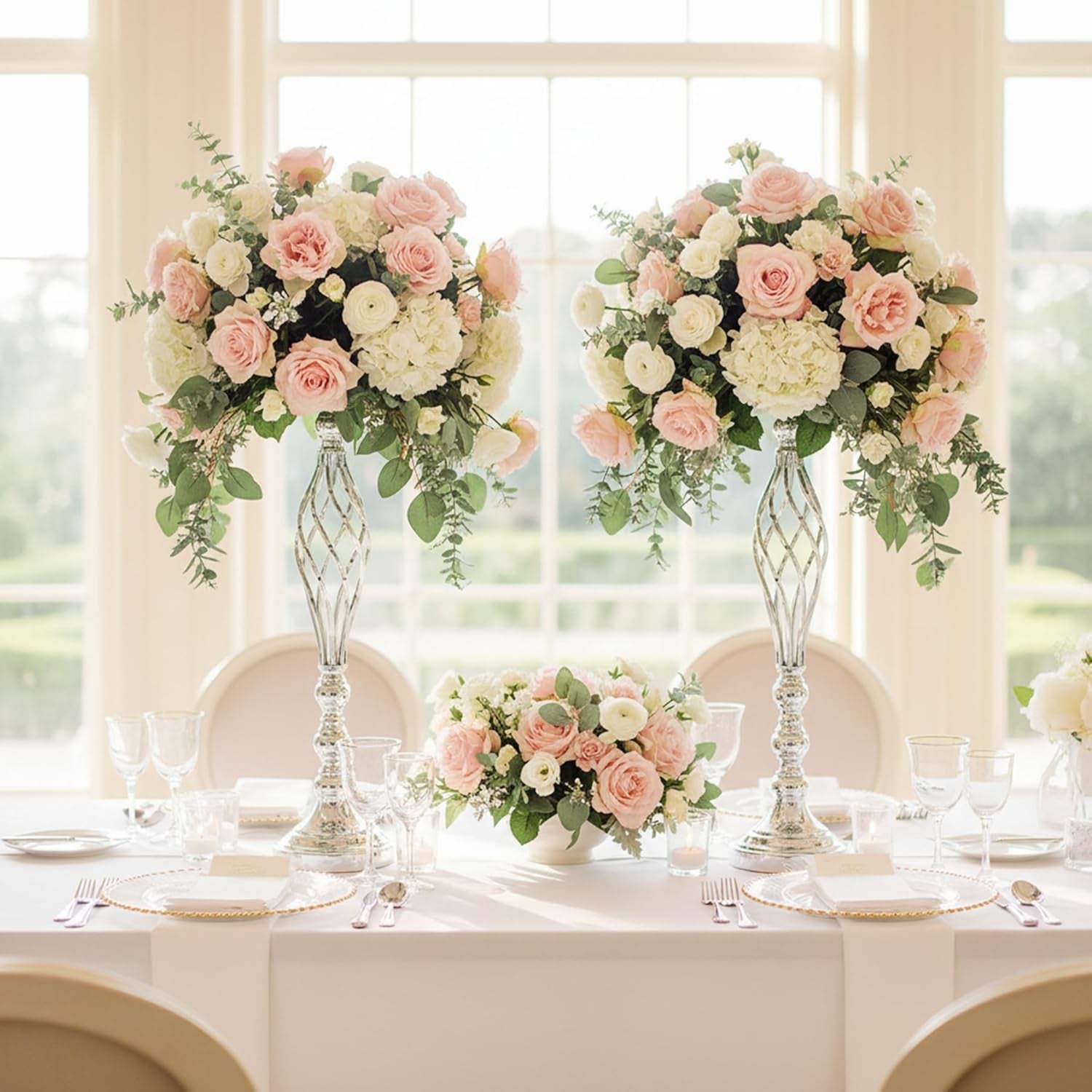 Silver Wedding Vases for Table Centerpieces - 2Pcs of Twist Candleholder Stands, Elegant Floral Arrangement Vases, Metal Centerpieces for Reception Table Wedding Road-Leading Home Decor